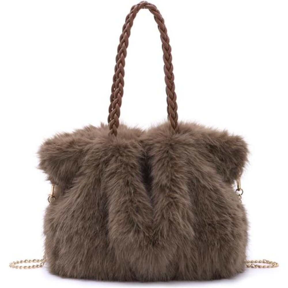 Faux Fur Purse for Women, Soft Fluffy Furry Fuzzy Handbag,3-Way Carry Tote Bag
